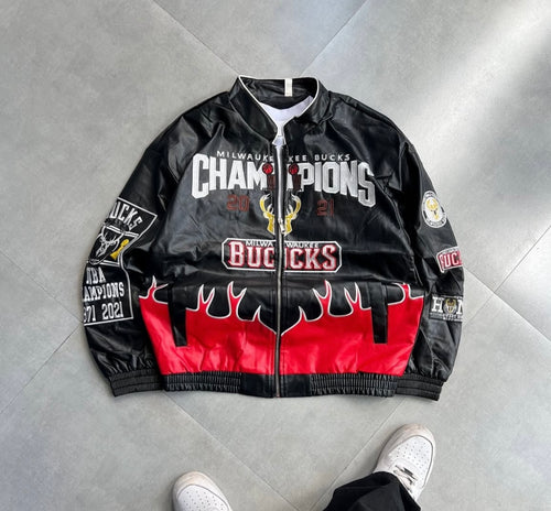 Champions Embroidery Leather Racing Jacket