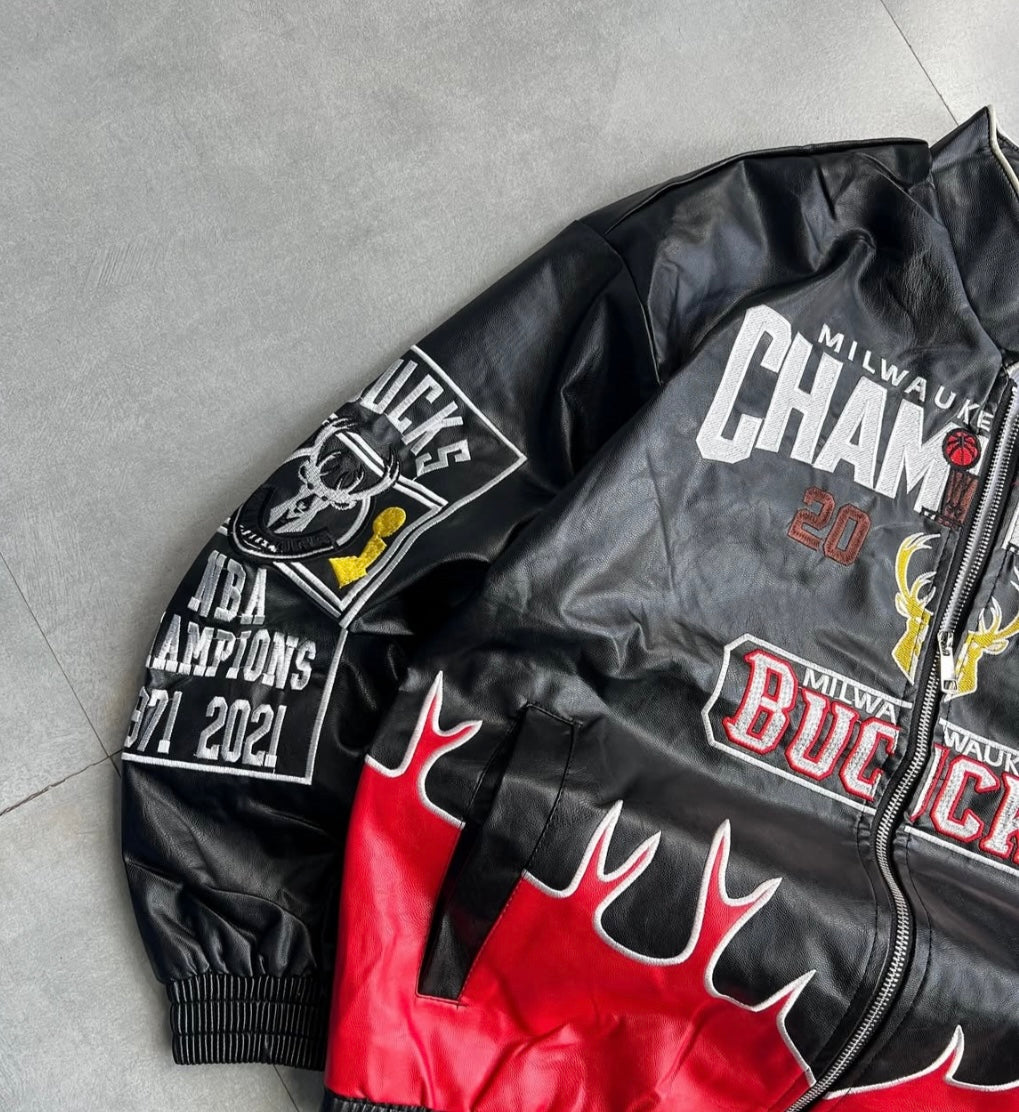 Champions Embroidery Leather Racing Jacket