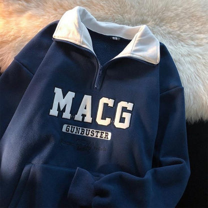 Printed Vintage Zip Up Collar Sweatshirt