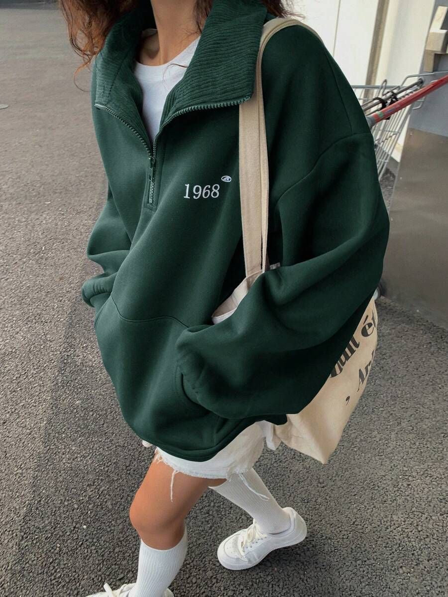 Printed Vintage Zip Up Collar Sweatshirt