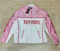 Ferrari Embroidery Leather Racing Jacket- Pink