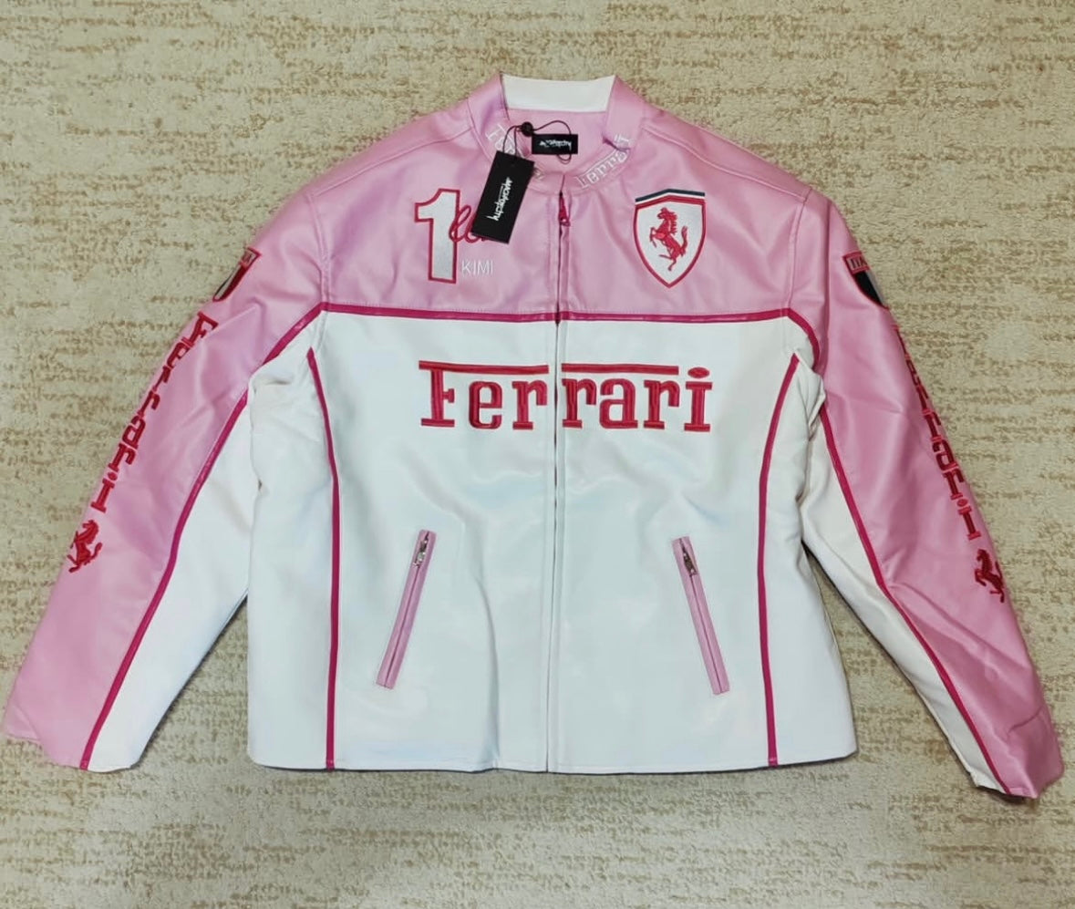 Ferrari Embroidery Leather Racing Jacket- Pink