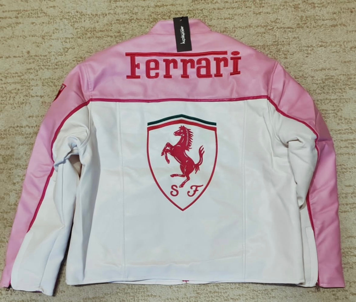 Ferrari Embroidery Leather Racing Jacket- Pink