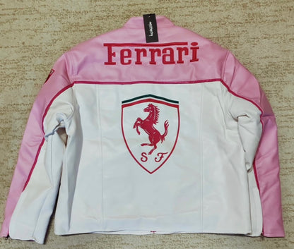Ferrari Embroidery Leather Racing Jacket- Pink