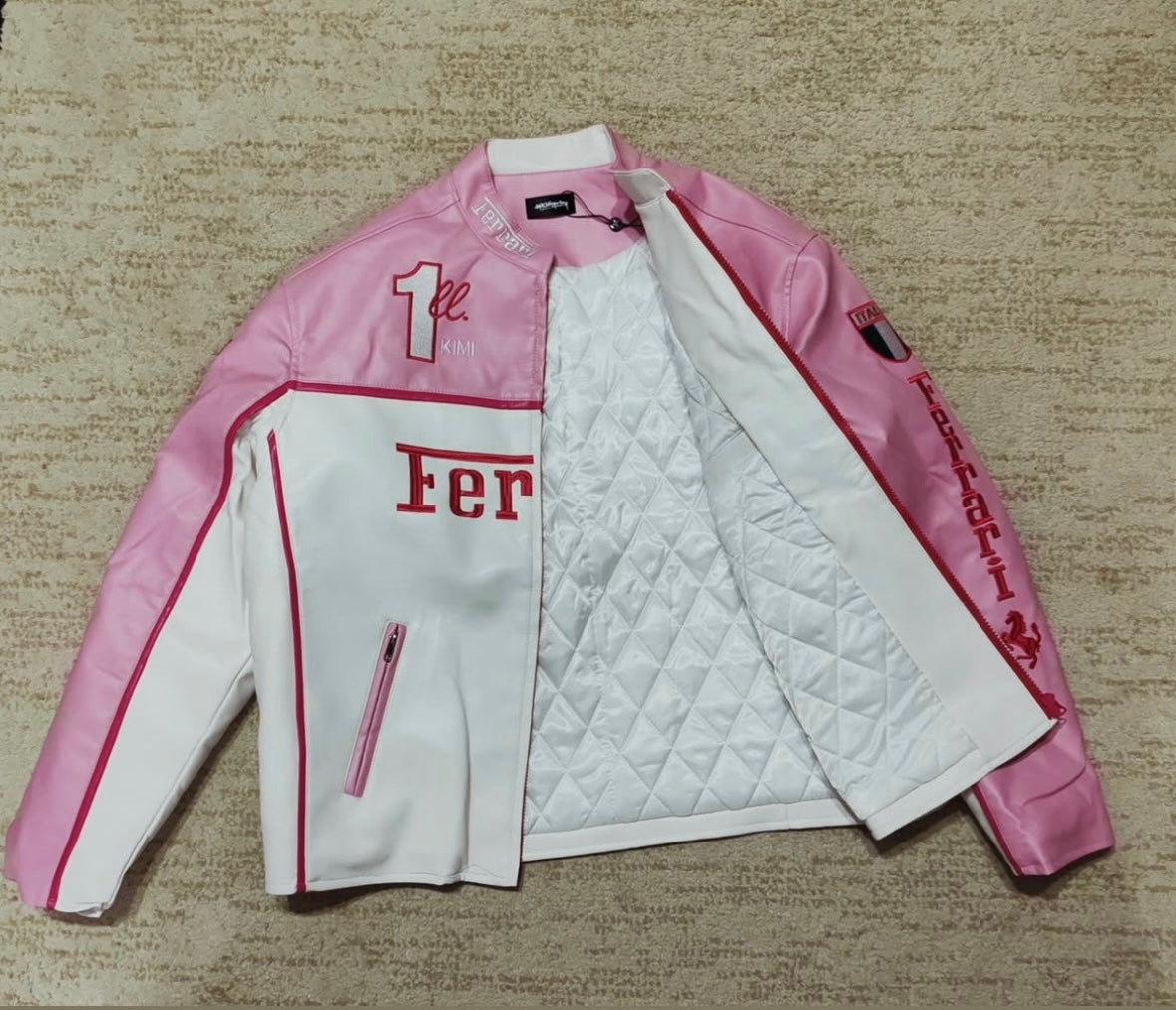 Ferrari Embroidery Leather Racing Jacket- Pink